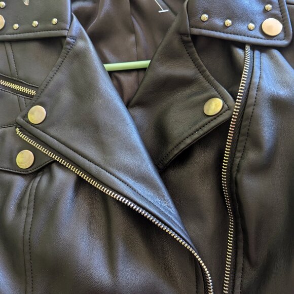 Studded Tulip Print Vegan Black Leather BEBE Jacket XXS - Picture 11 of 12